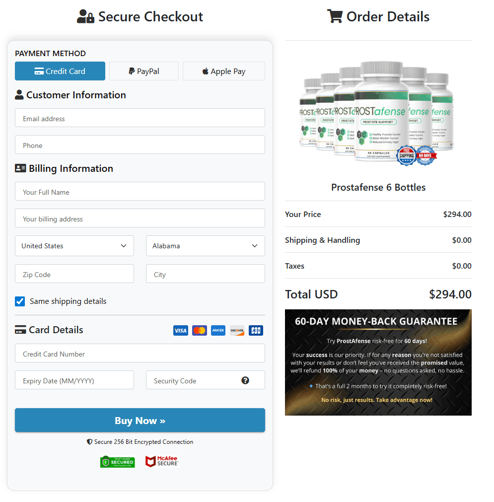 ProstAfense Checkout page